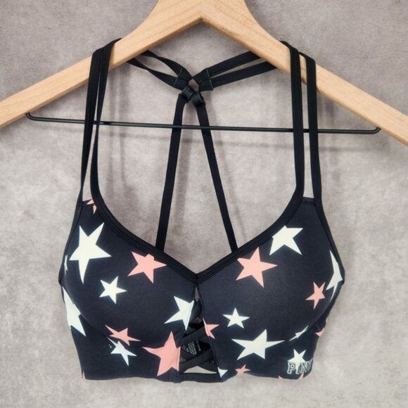 Victoria's Secret Pink Ultimate Strappy Push-Up Sports Bra SMALL Black & Stars - Picture 1 of 6